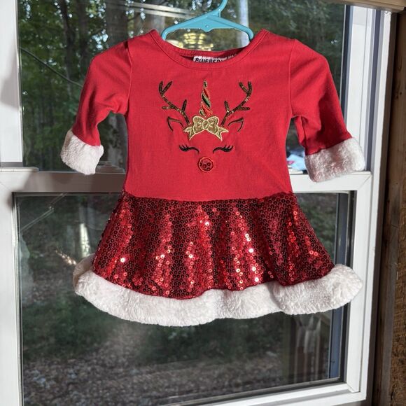 BlueBeri Boulevard Red Christmas Reindeer Sequin Dress Girls size 12 months - Picture 1 of 12